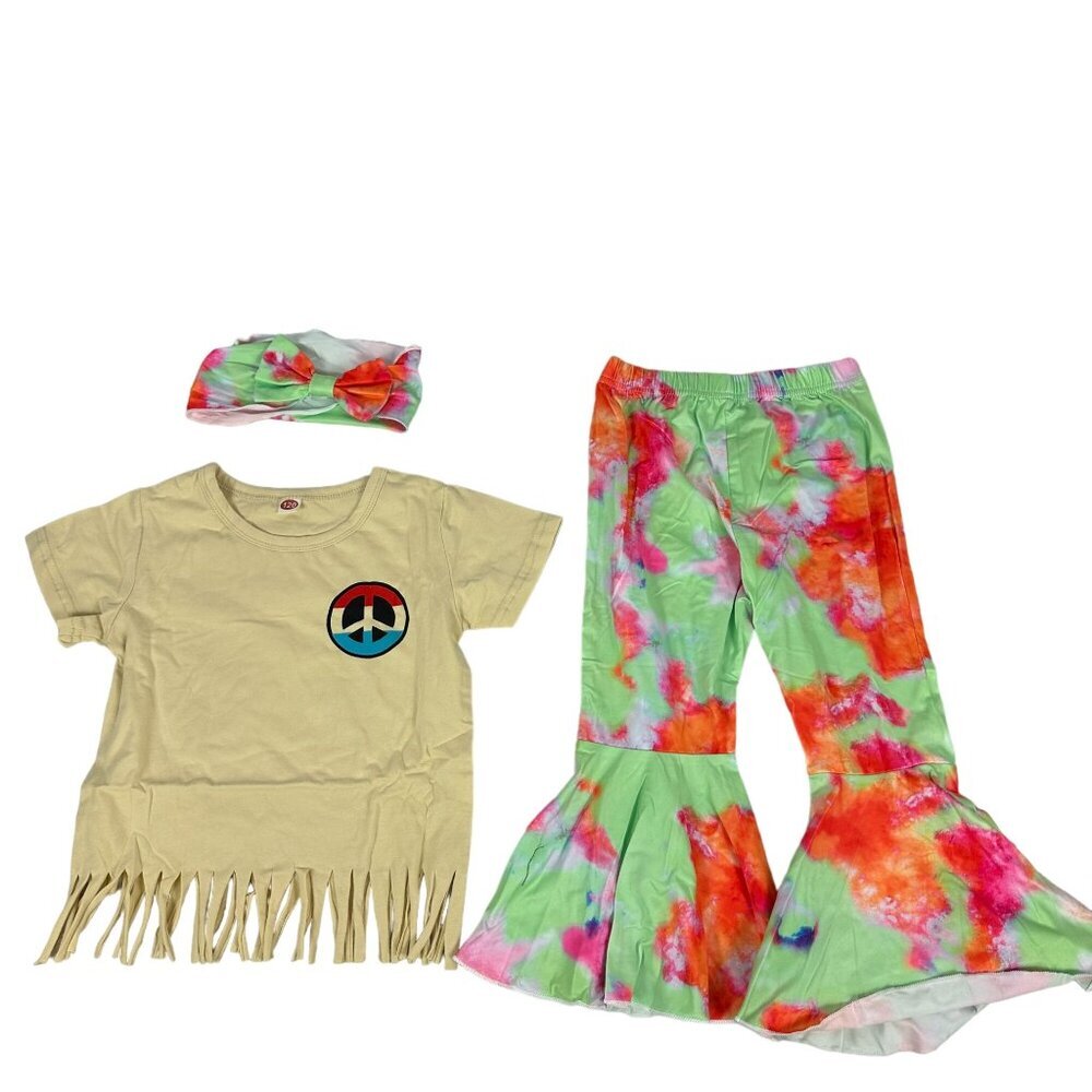 Kids Peace Sign Fringe Tee & Tie-Dye Bell Bottoms Set With Headband Size 5T